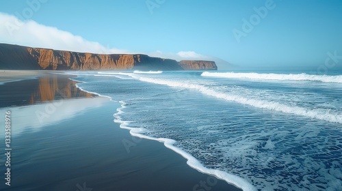 Calm beach scene with waves lapping onto shore, reflecting cliffs in calm water.