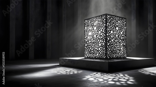 Monochromatic cube illuminated in a darkened space creating intricate shadows and patterns