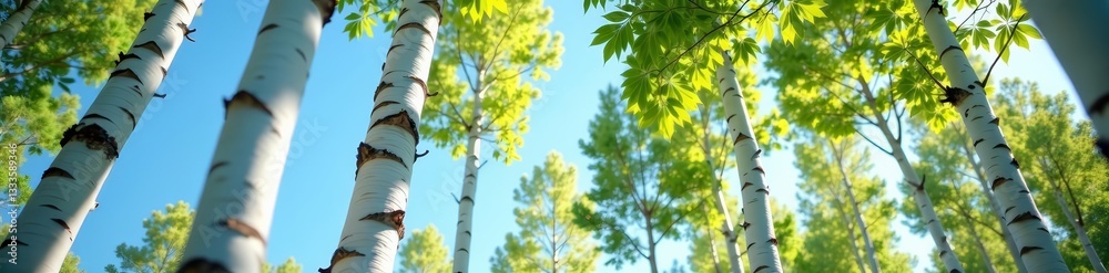 Fototapeta premium Close-up of white bark on birch trees contrasting with bright blue sky in a peaceful summer woodland, woodland, bark