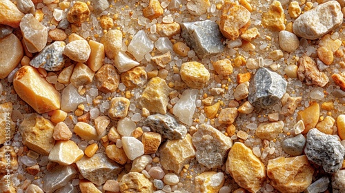 Close-up of multicolored small stones and sand.  Texture of various rock fragments and grains.