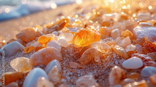 Close-up view of colorful translucent stones and pebbles on a sandy beach at sunrise.