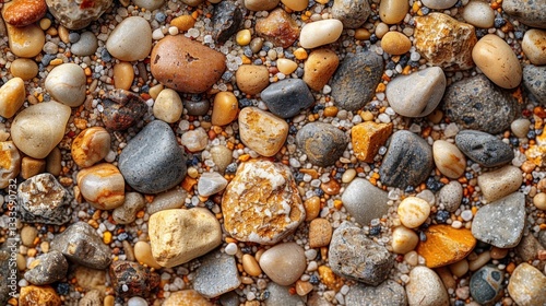 Close-up view of multicolored pebbles and small stones on a beach.  Texture of various shapes, sizes, and colors of rocks and sand.  Natural beach stones.