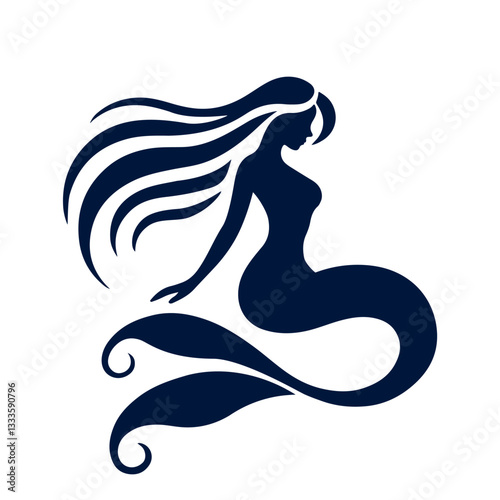 Black silhouette of a beautiful mermaid with long hair and tail. Vector illustration on a white background