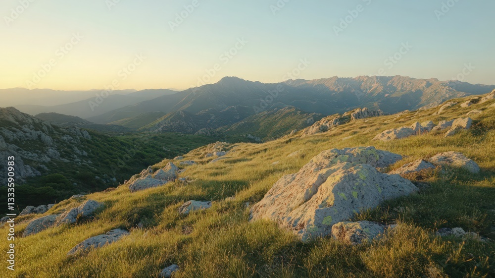 Fototapeta premium Sunrise Mountain Landscape: Golden Light on Grassy Hills and Distant Peaks