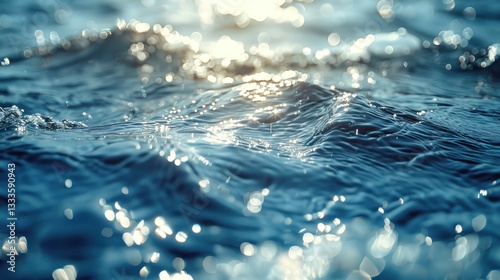 Close-up view of rippling water surface with sun's reflection.