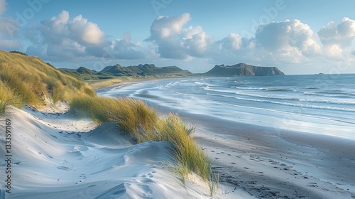 Coastal beach scene with dunes and waves under a partly cloudy sky.
