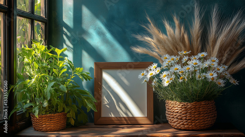 Rustic Interior with Empty Wooden Frame, Greenery & Pampas Grass