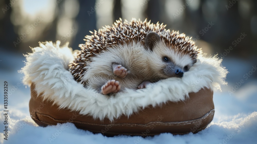 Obraz premium Cozy Hedgehog in Snowy Scene: A charming hedgehog nestled comfortably in a faux fur-lined shoe amidst a snowy, wintry backdrop. The hedgehog's spikes and tiny paws add to its endearing appeal.