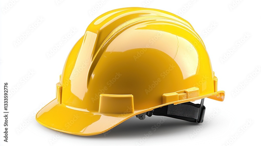 Fototapeta premium A bright yellow construction helmet is displayed against white background