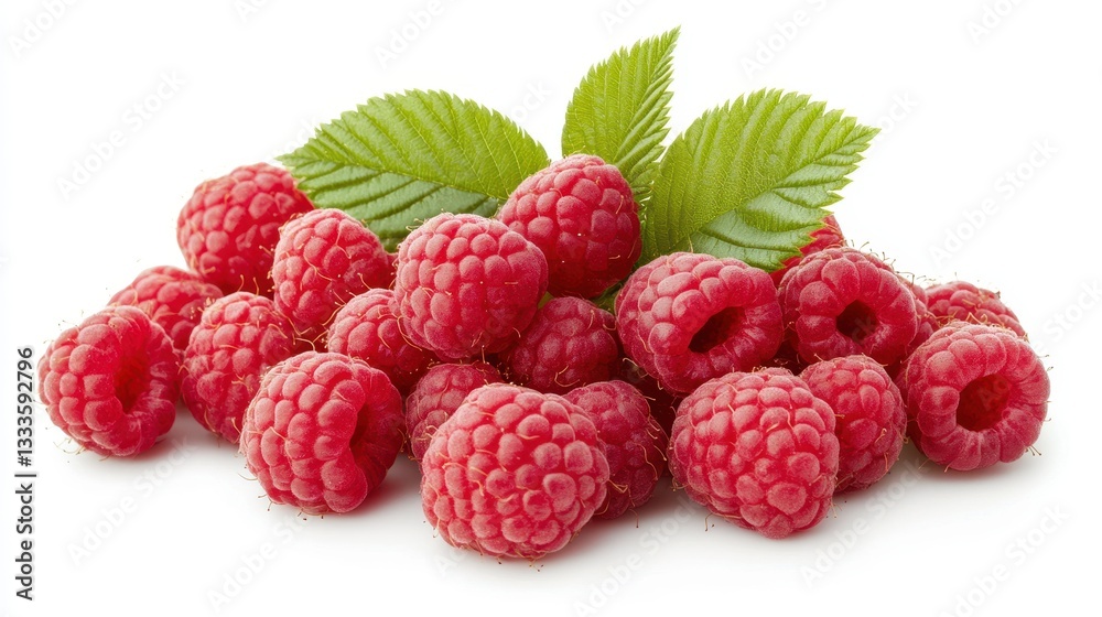 A pile of fresh raspberries with leaves, isolated on a white background. A pile of fresh raspberries with leaves, isolated on a white background.
