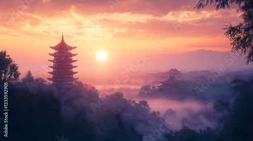 Rendering of an ancient Chinese pagoda during sunrise with misty mountains in the background