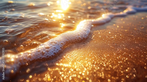 Golden beach waves at sunrise. Sunlight reflecting on the water. Close-up of foamy water and sand.