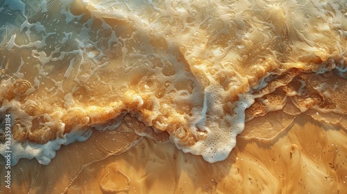 Golden beach waves crashing gently on the shore, sunlit foam and sand.
