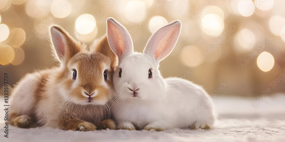 Obraz premium Adorable Puppy and Bunny Lying Together