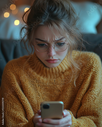 Woman Reading Phone Worried Expression -  Authentic Real People Photography