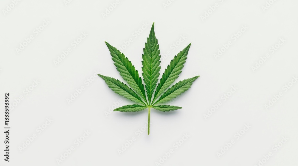 A single green cannabis leaf lying on a white background A single green cannabis leaf lying on a white background