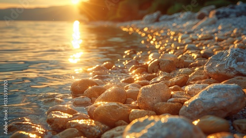 Golden sunset over a shoreline of smooth stones reflecting the sunlight on the water.