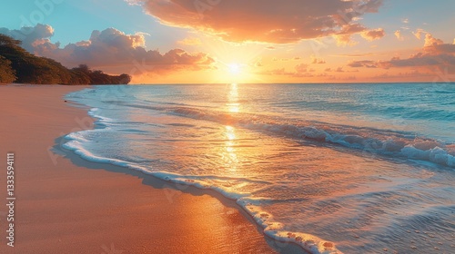 Golden sunset over a tropical beach, with soft waves lapping at the shore.
