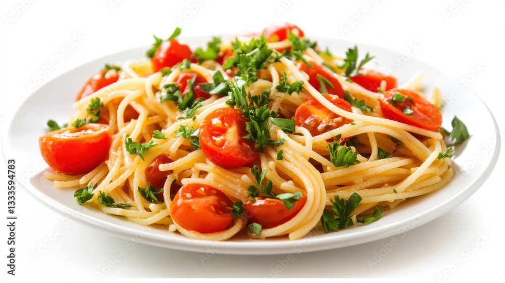 A plate of spaghetti pasta adorned with fresh tomatoes and parsley is displayed against a clean white background. A plate of spaghetti pasta adorned with fresh tomatoes and parsley is displayed against a clean white background.