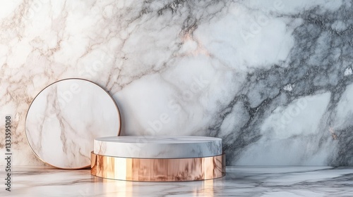 A podium designed for product presentation stands against a marble texture background. photo