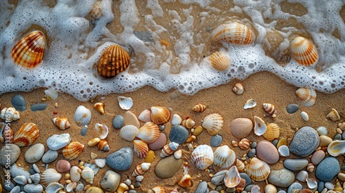 Seashells and pebbles on the beach with foamy waves.