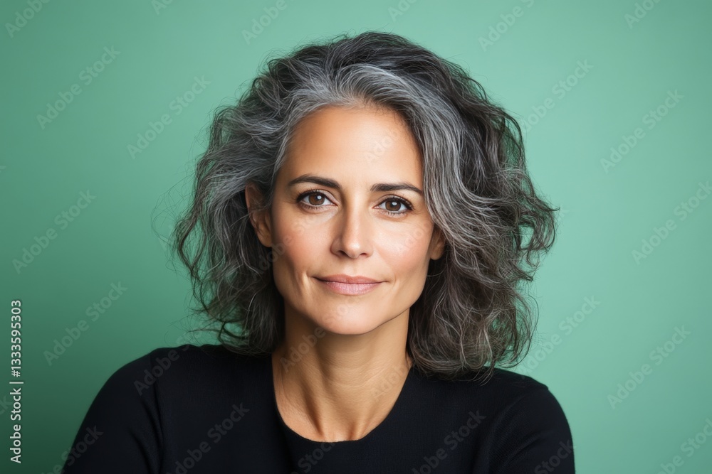 Fototapeta premium Mature woman with voluminous gray curls looking serene against a minimalist green background symbolizing wisdom self confidence and aging gracefully in high definition portrait