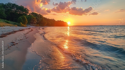 Serene beach sunset, golden hour. Gentle waves on sandy shore, trees lining the horizon, colorful sky.