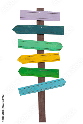 Wooden route sign color. Empty sign pointers with a space for text. Crossroad wooden signpost with arrows, different ways