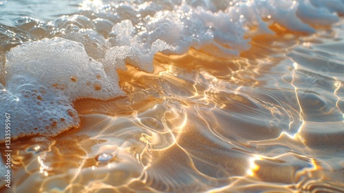 Sunlight reflecting on shallow, foamy ocean waves.