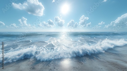 Sunny beach scene with gentle waves lapping at the shore.