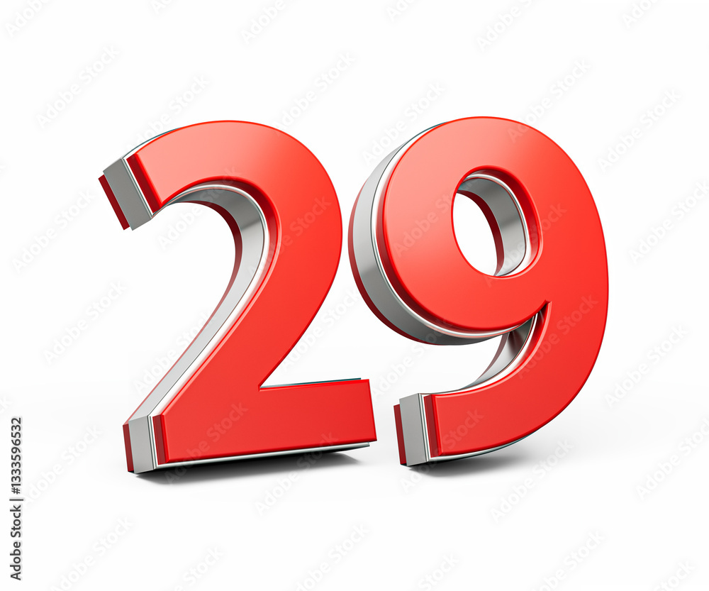 Bold Vibrant Red Number Twenty nine Number 29 With Metallic On White Background 3D Illustration