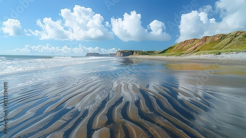 Tranquil beach scene with patterned sand and dramatic cliffs under a vibrant sky.