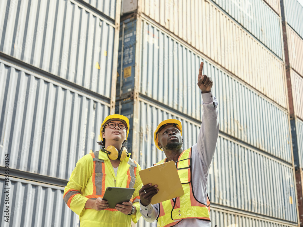 Two construction workers in safety gear collaborating and using digital devices to plan and oversee a project at a warehouse with shipping containers in the background
