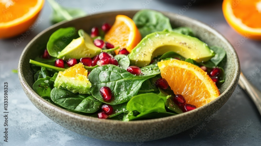 A refreshing winter salad featuring vibrant spinach, sweet orange slices, creamy avocado, and juicy pomegranate seeds. A refreshing winter salad featuring vibrant spinach, sweet orange slices, creamy avocado, and juicy pomegranate seeds.