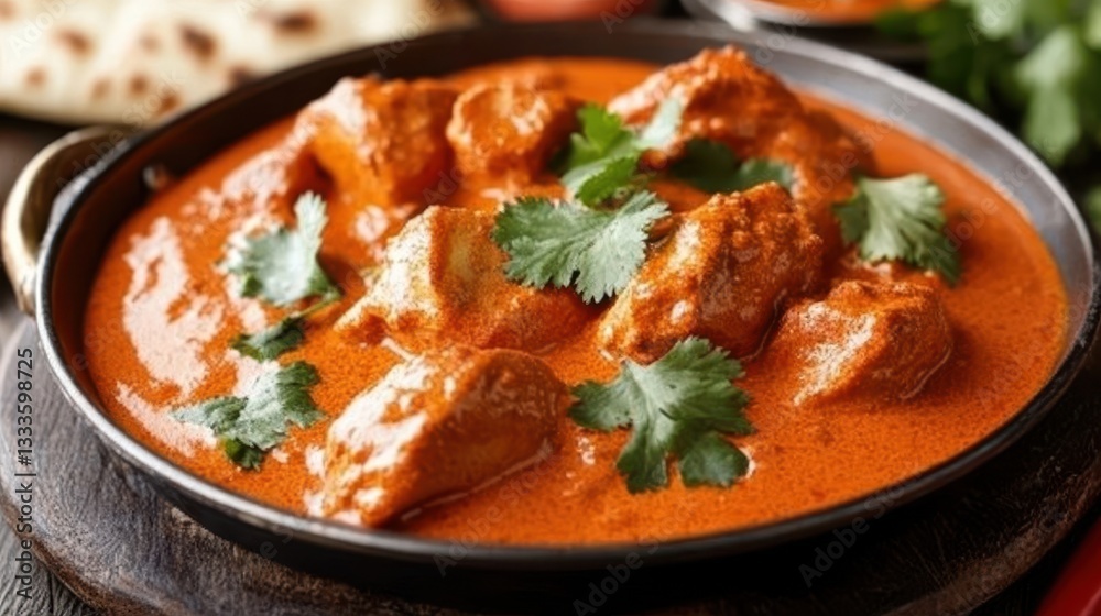 A rich and flavorful Indian butter chicken curry, served with creamy sauce and garnished with fresh cilantro. A rich and flavorful Indian butter chicken curry, served with creamy sauce and garnished with fresh cilantro.