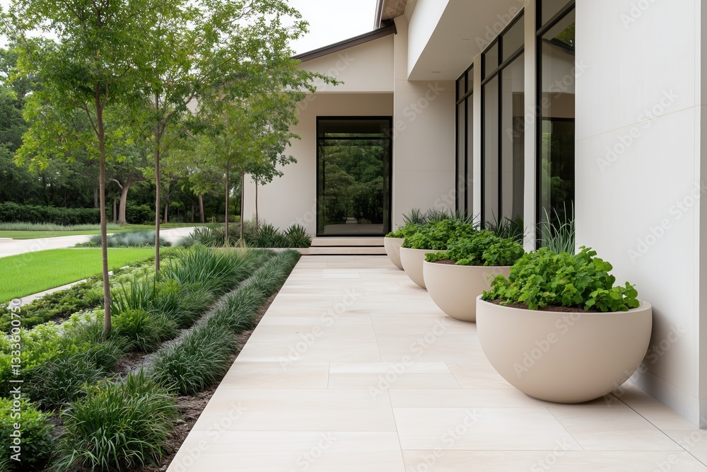 A white house with a large front yard. The yard is filled with plants and trees, and there are several large planters on the walkway A white house with a large front yard. The yard is filled with plants and trees, and there are several large planters on the walkway