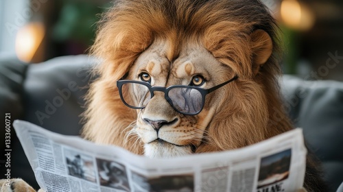 The Intellectual Lion: A majestic lion, donned in stylish glasses, engrossed in reading a newspaper in a relaxed and comfortable setting, suggesting wisdom and knowledge.