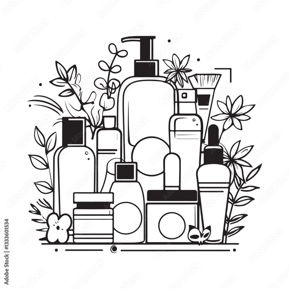 Set of black and white cosmetics image vector isolated on white background.
