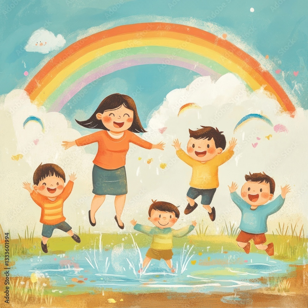 Teacher and Children Jumping with Joy Near Puddle Under Rainbow Artwork Teacher and Children Jumping with Joy Near Puddle Under Rainbow Artwork