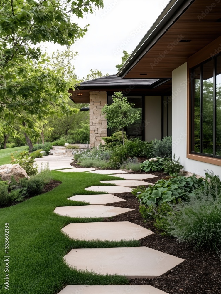 A house with a large yard and a stone walkway. The yard is lush and green, and the walkway is made of small stones. The house has a white exterior and a black roof A house with a large yard and a stone walkway. The yard is lush and green, and the walkway is made of small stones. The house has a white exterior and a black roof
