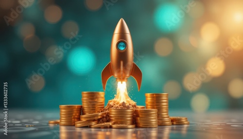 Launching Rocket with Gold Coins Symbolizing Financial Growth and Success