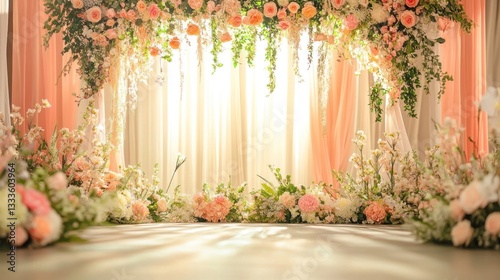 Elegant Peach Wedding Floral Backdrop with Sunlight