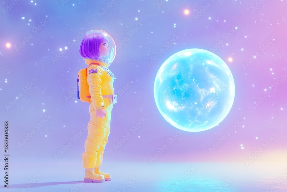 Naklejka premium A young astronaut girl in a yellow spacesuit gazes at a glowing planet in a pastel-colored space.