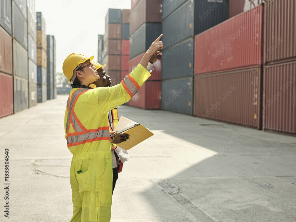 A male warehouse worker in a high-visibility safety vest and hard hat examines the contents of a shipping container in a busy industrial port or logistics yard.
