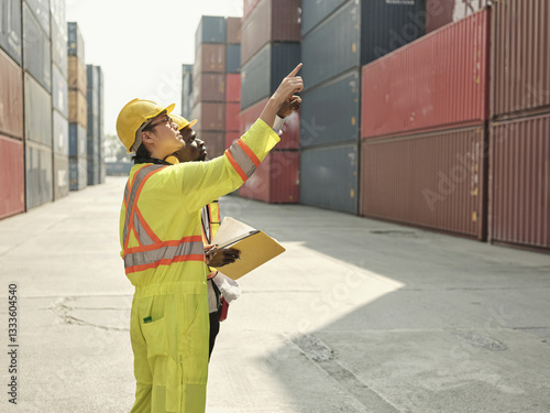 Obraz na płótnie A male warehouse worker in a high-visibility safety vest and hard hat examines the contents of a shipping container in a busy industrial port or logistics yard. w salonie