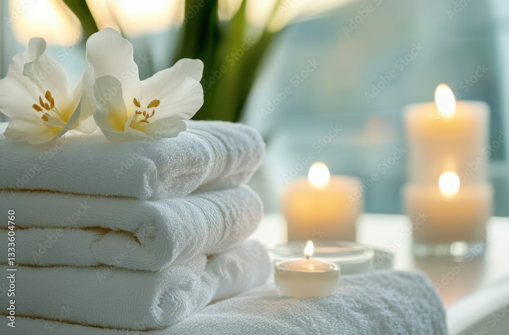 Beautifully folded white towels stacked neatly, spa and wellness concept, clean Beautifully folded white towels stacked neatly, spa and wellness concept, clean