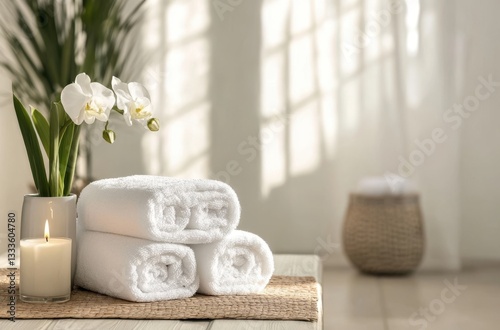 Beautifully folded white towels stacked neatly, spa and wellness concept, clean
