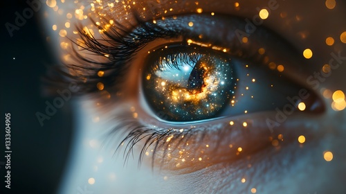 Close-up view of an eye showcasing a mesmerizing galaxy reflection within its iris and pupil, capturing a sense of wonder and cosmic beauty