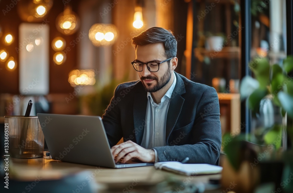 Business professional working on a laptop at a stylish office desk, focused Business professional working on a laptop at a stylish office desk, focused
