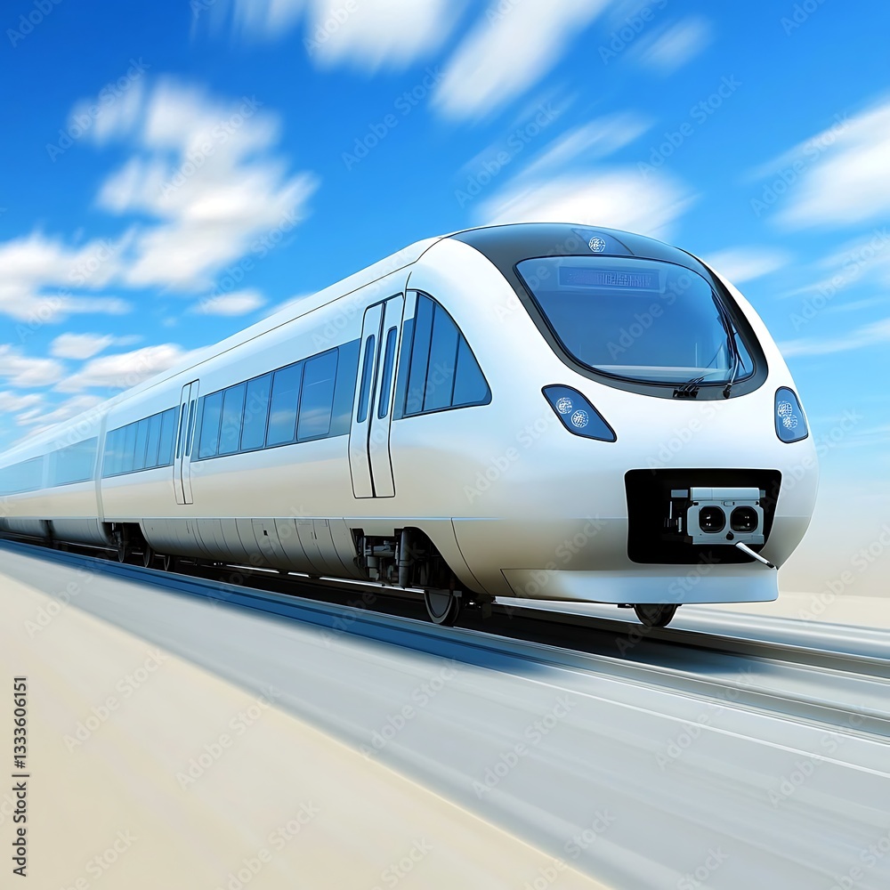 Naklejka premium Fast train moving, speed, sunny sky, transportation, travel, train